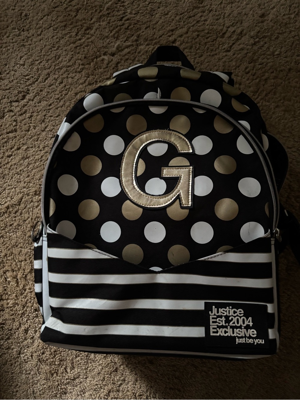 Justice Black & Gold Polka Dot Backpack - 'G' Monogram